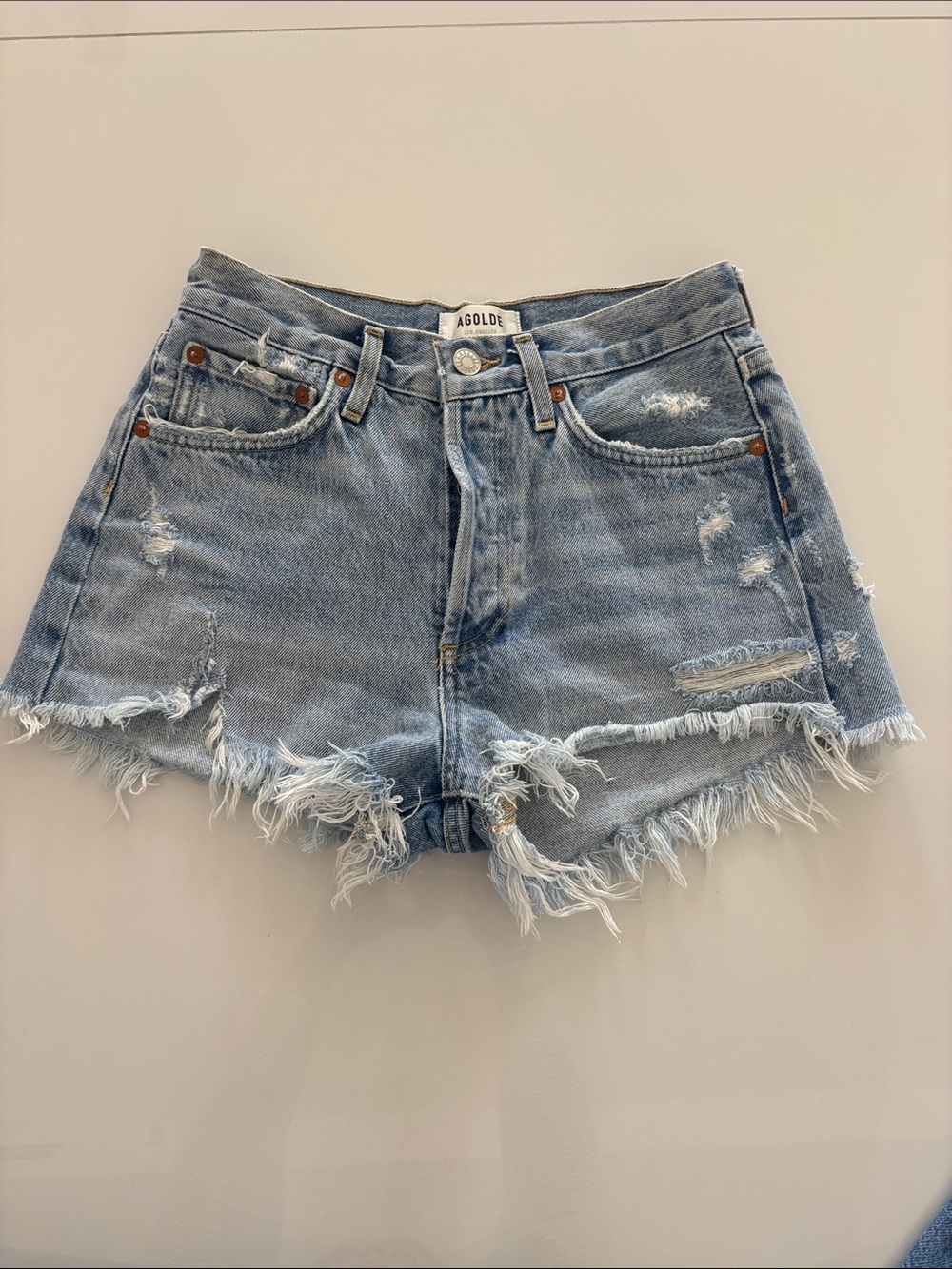 Agolde Light Wash Distressed Frayed Denim Shorts